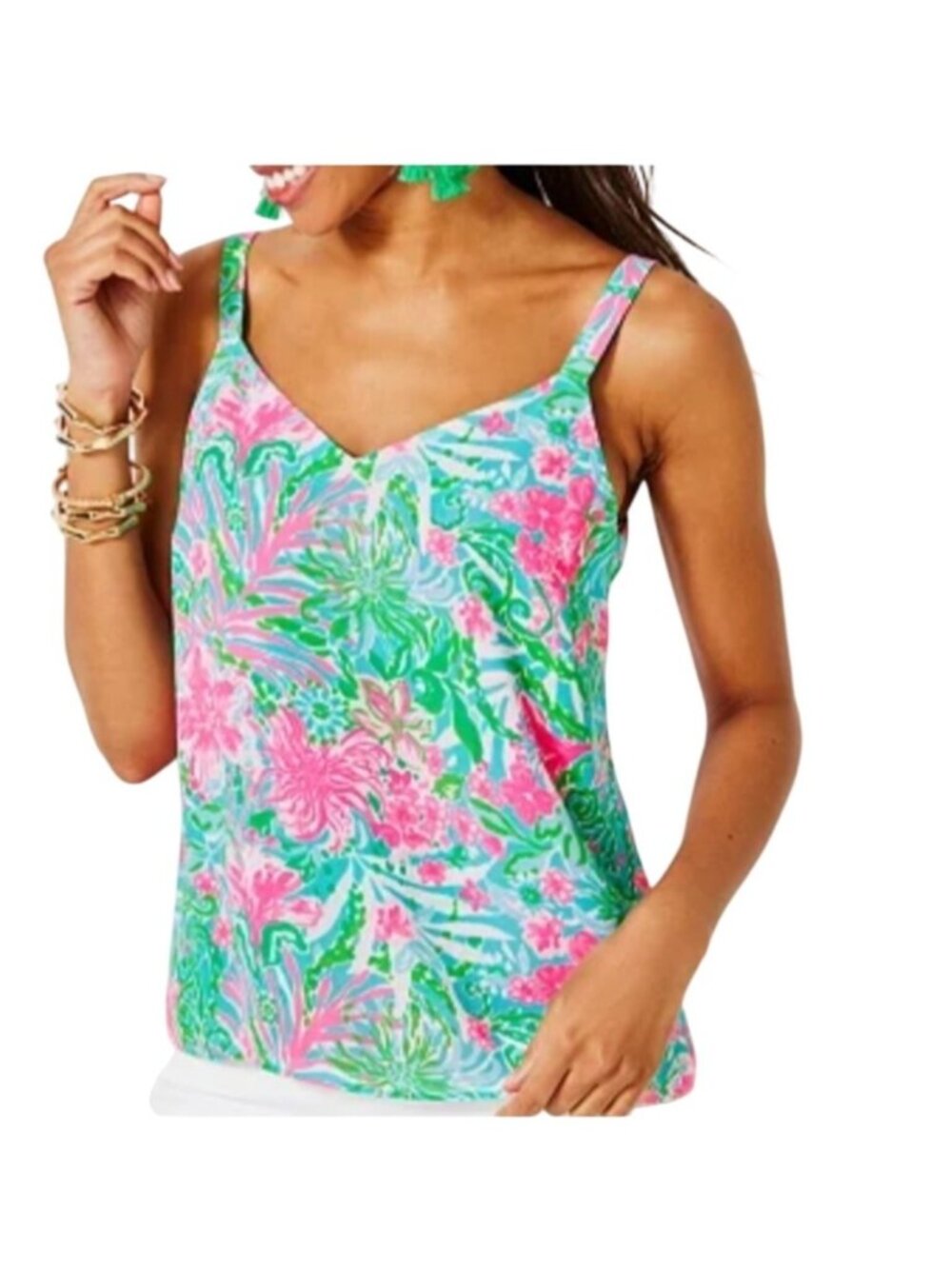 Lilly Pulitzer Nadia Cami Leaf It Wild Pink & Green Floral Print Adjustable Stra